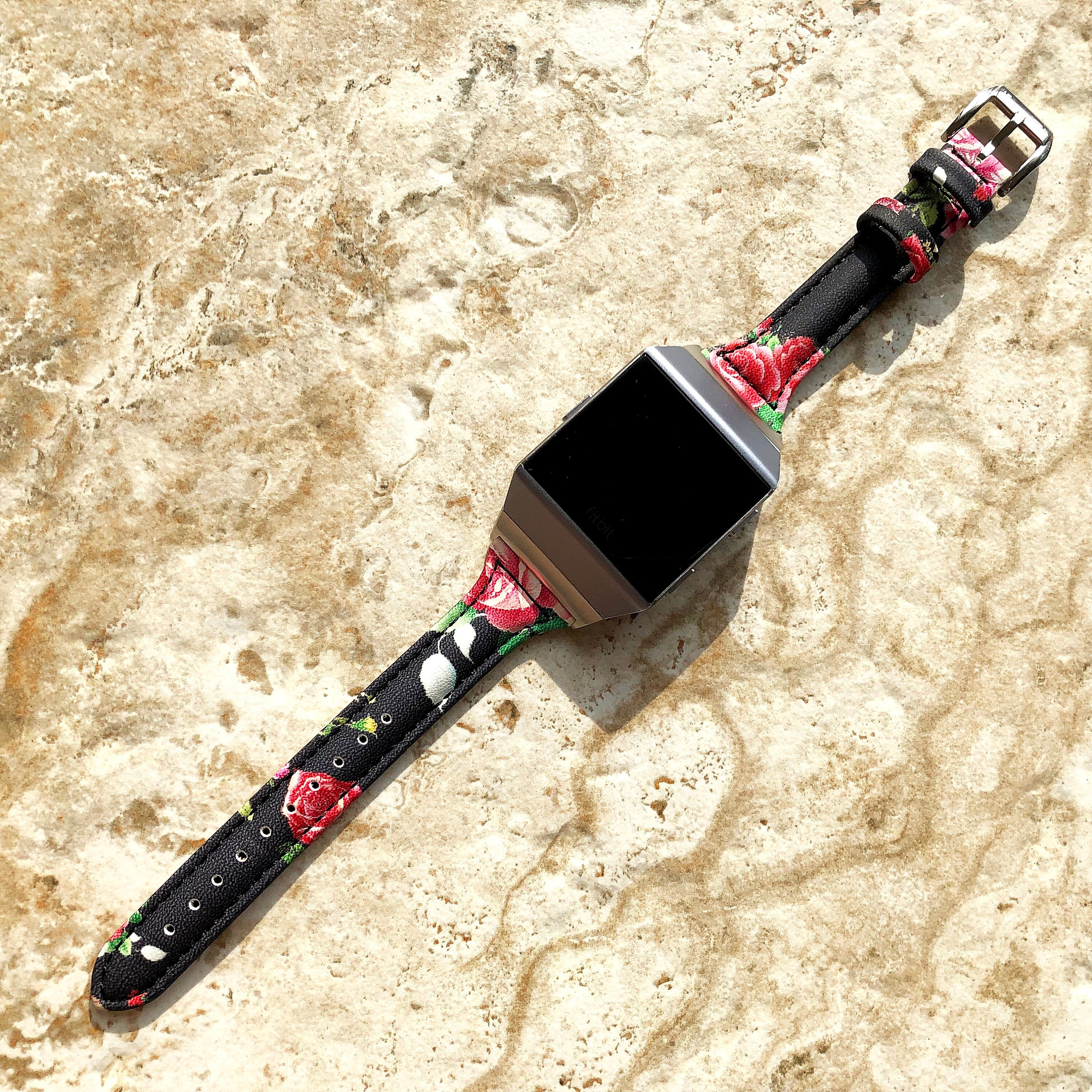 Fitbit Ionic Red Roses Slim Elegant Soft Leather Band Strap Bracelet for Smartwatch Quick Release Adapters in Silver Rose Gold Black